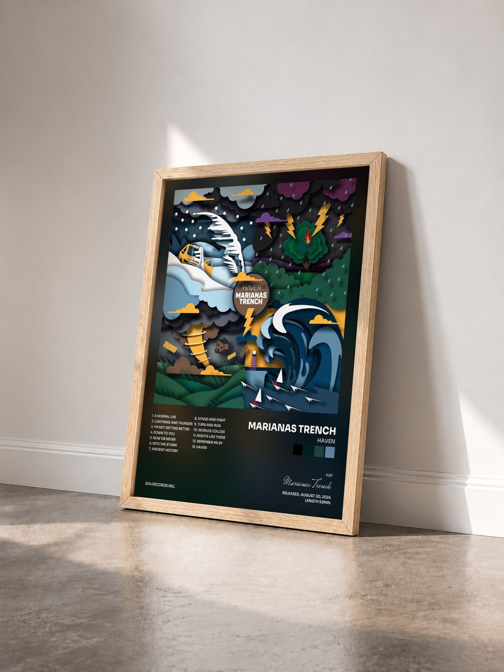#bois Tableau de l'album Haven de Marianas Trench vu de trois quarts, cadre en bois brut