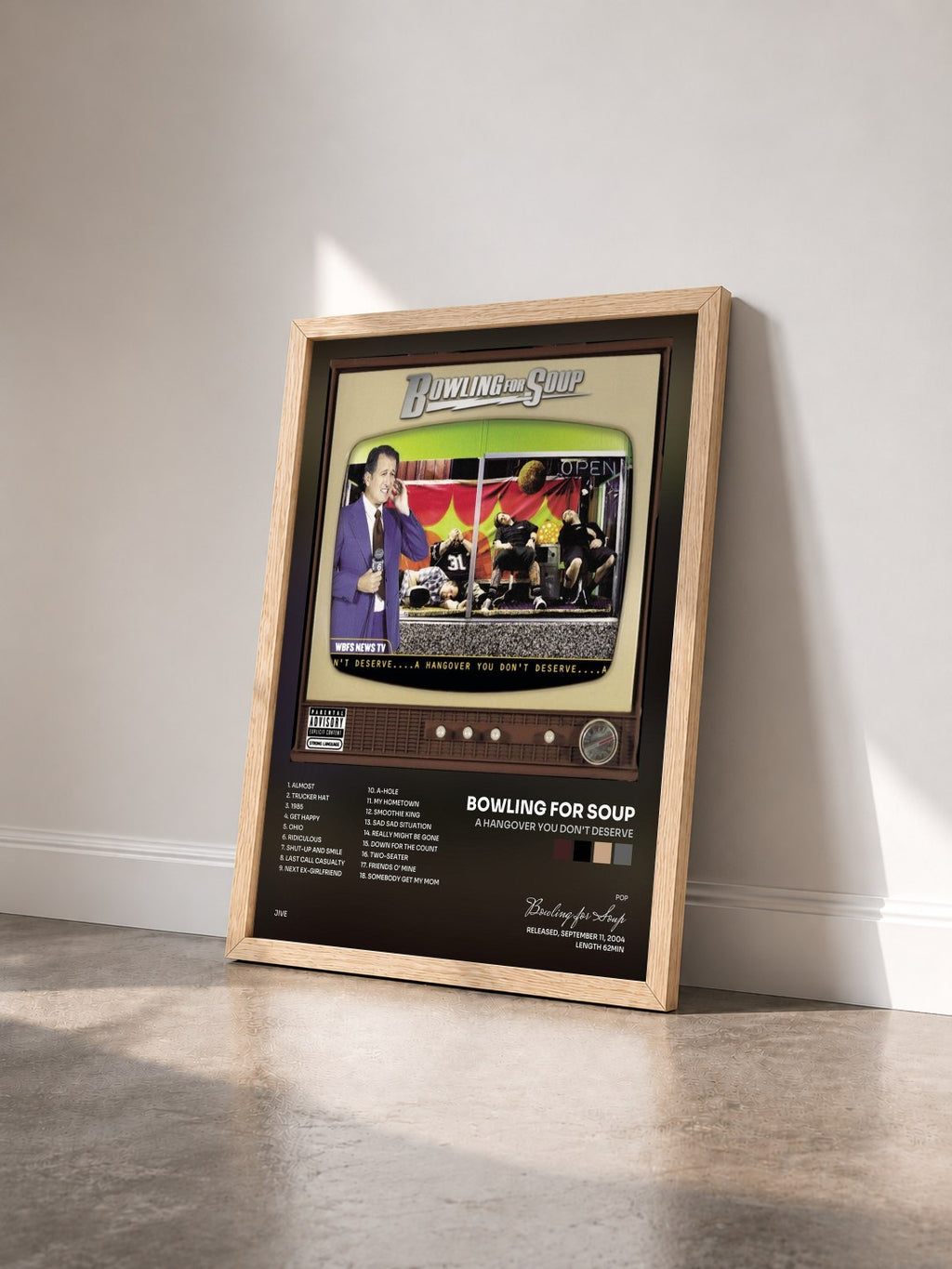 #bois Tableau de l'album A Hangover You Don't Deserve de Bowling for Soup vu de trois quarts, cadre en bois brut