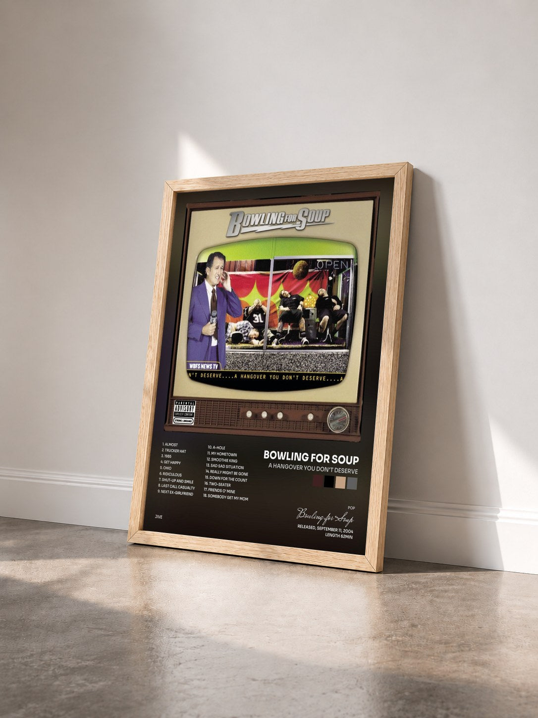 #bois Tableau de l'album A Hangover You Don't Deserve de Bowling for Soup vu de trois quarts, cadre en bois brut