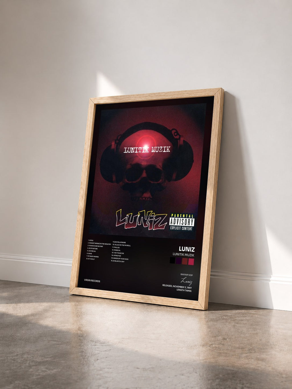#bois Tableau de l'album Lunitik Muzik de Luniz vu de trois quarts, cadre en bois brut