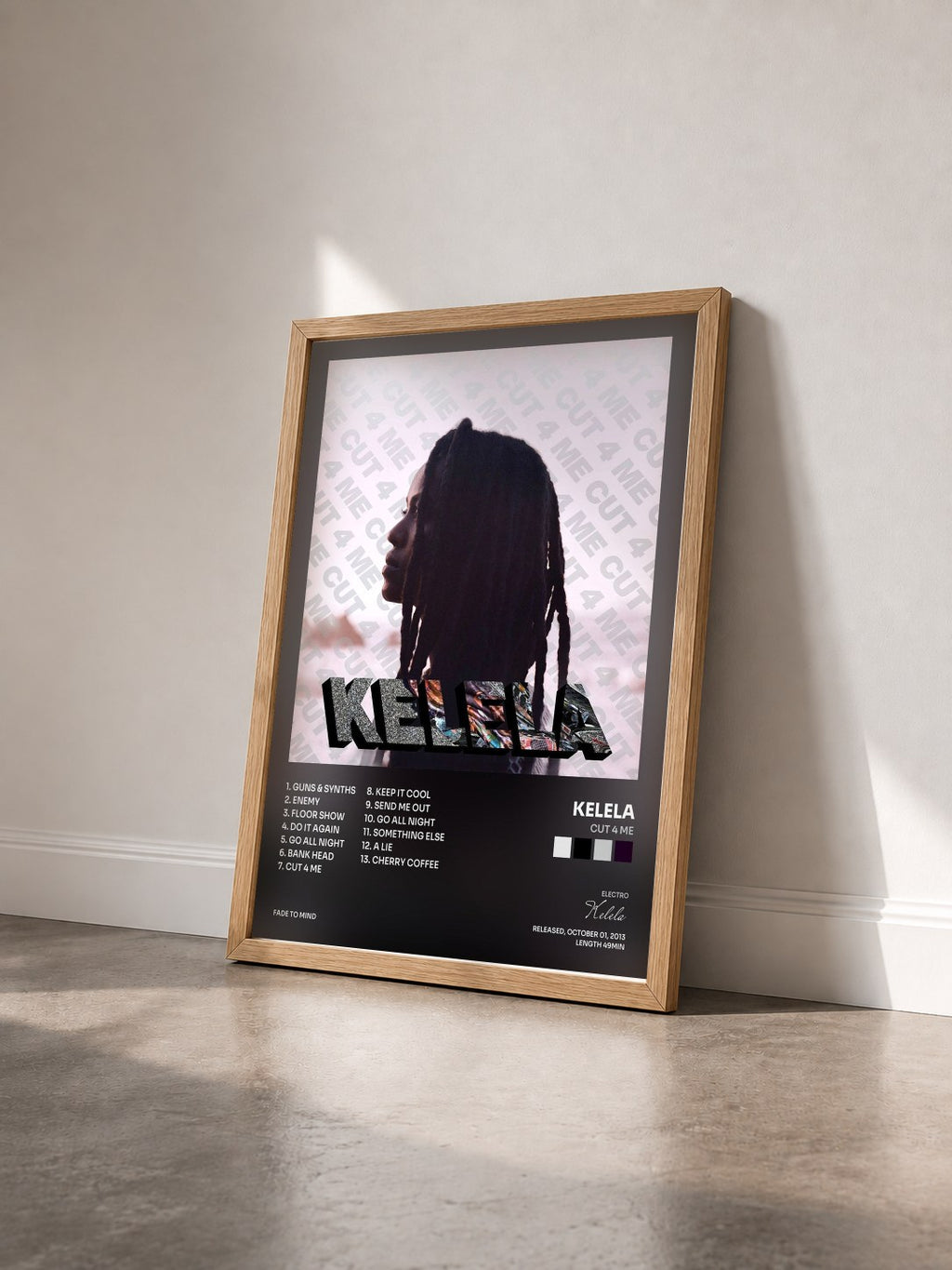 #bois Tableau de l'album CUT 4 ME de Kelela vu de trois quarts, cadre en bois brut