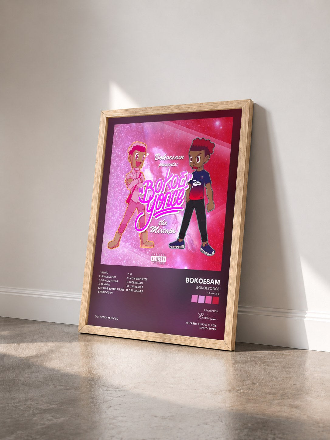 #bois Tableau de l'album Bokoeyoncé (The Mixtape) de Bokoesam vu de trois quarts, cadre en bois brut