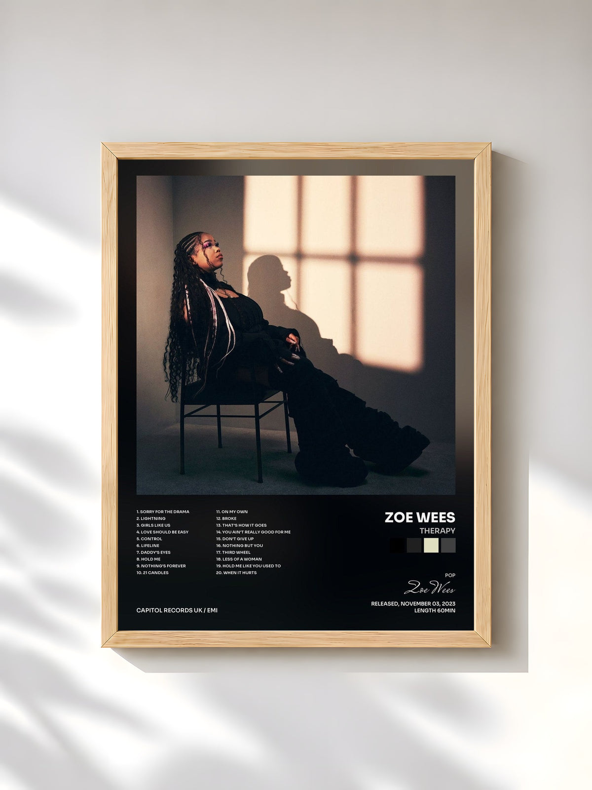 #bois Tableau de l'album Therapy de Zoe Wees, cadre en bois brut, imprimé et encadré en France