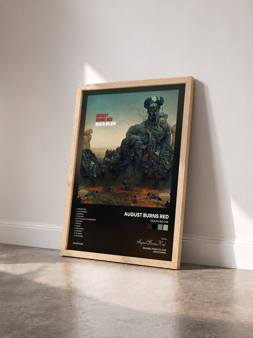 #bois Tableau de l'album Death Below de August Burns Red vu de trois quarts, cadre en bois brut