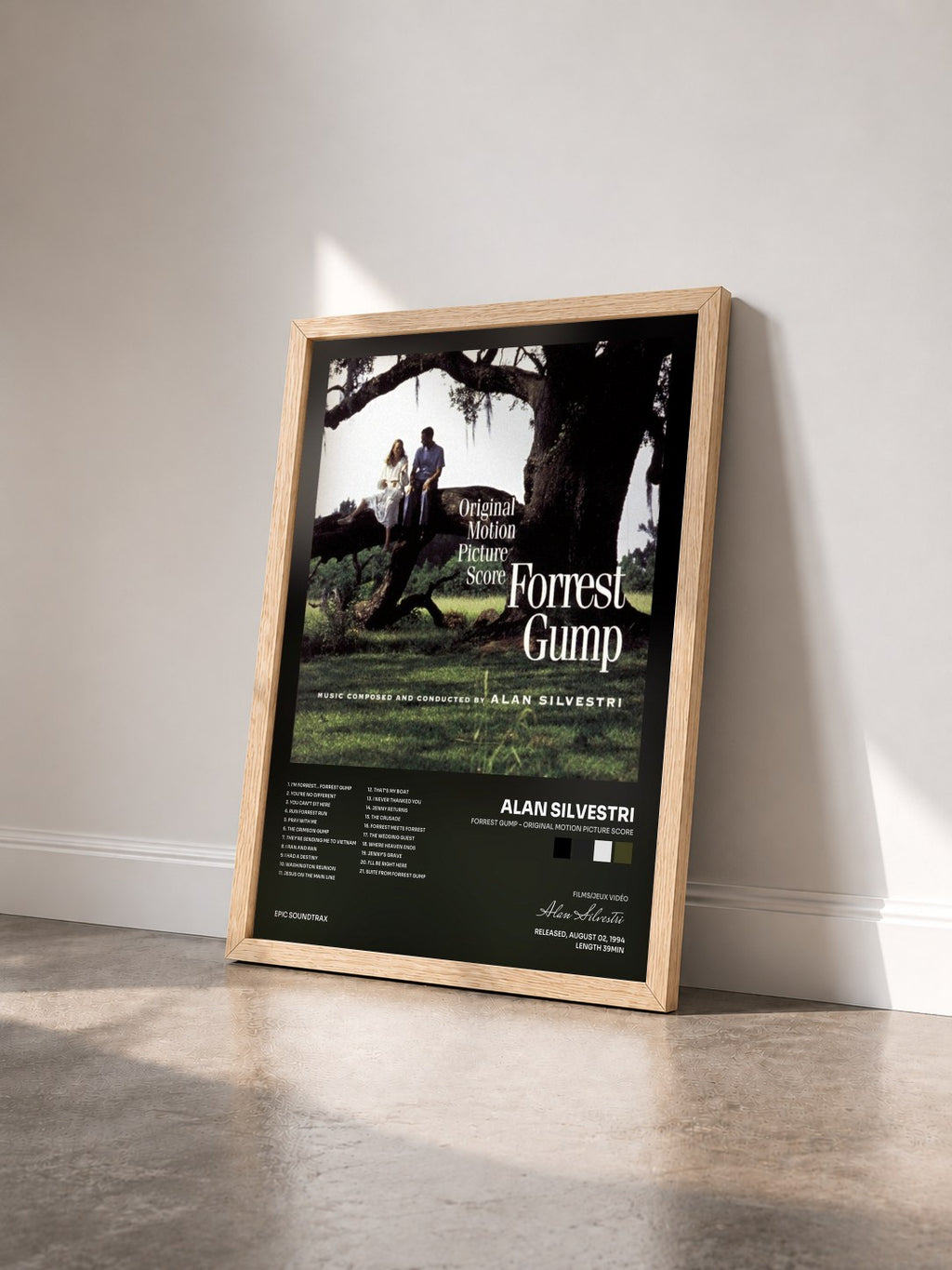 #bois Tableau de l'album Forrest Gump - Original Motion Picture Score de Alan Silvestri vu de trois quarts, cadre en bois brut