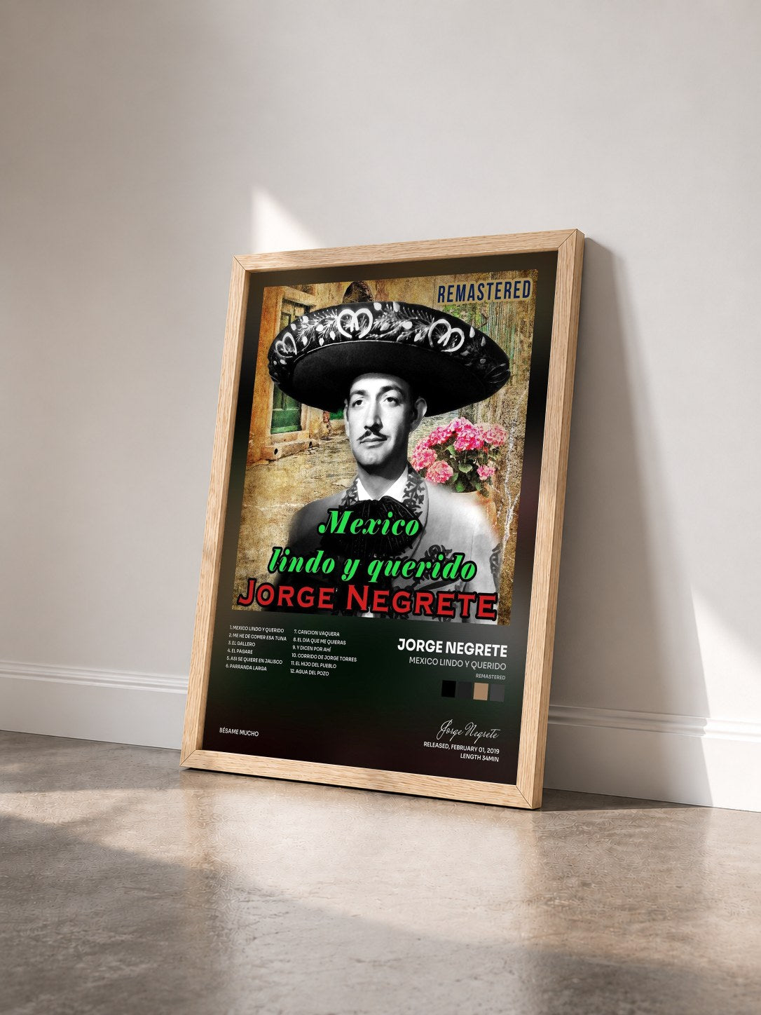 #bois Tableau de l'album Mexico Lindo y Querido (Remastered) de Jorge Negrete vu de trois quarts, cadre en bois brut