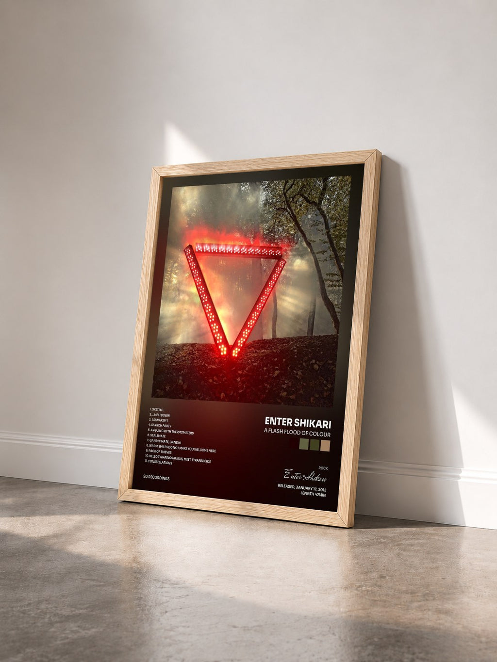 #bois Tableau de l'album A Flash Flood of Colour de Enter Shikari vu de trois quarts, cadre en bois brut