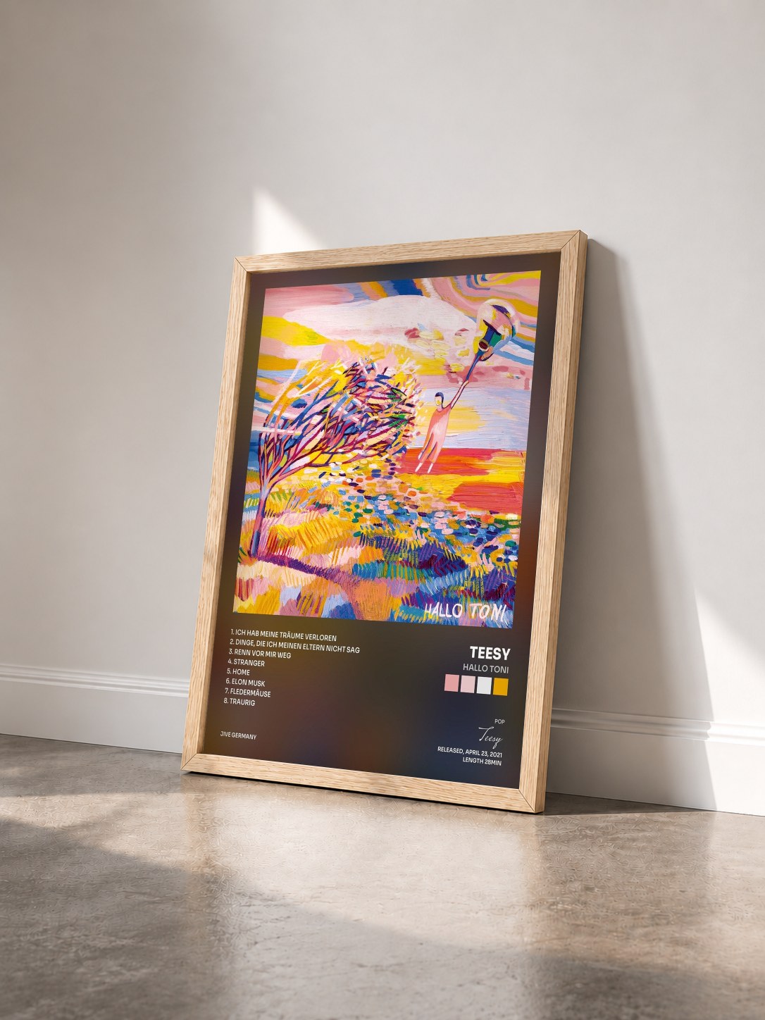 #bois Tableau de l'album Hallo Toni de Teesy vu de trois quarts, cadre en bois brut