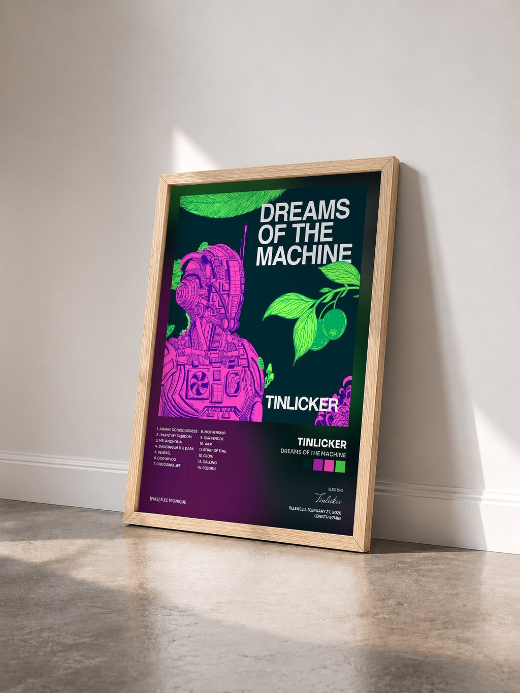#bois Tableau de l'album Dreams Of The Machine de Tinlicker vu de trois quarts, cadre en bois brut