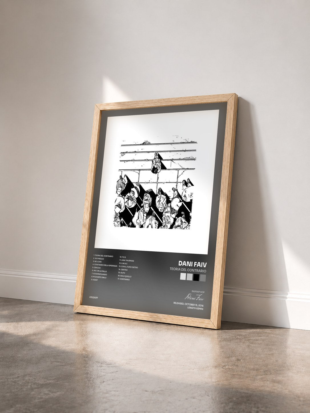 #bois Tableau de l'album Teoria Del Contrario de Dani Faiv vu de trois quarts, cadre en bois brut