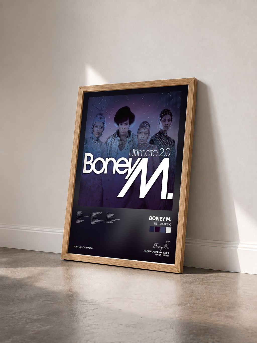 #bois Tableau de l'album Ultimate 2.0 de Boney M. vu de trois quarts, cadre en bois brut