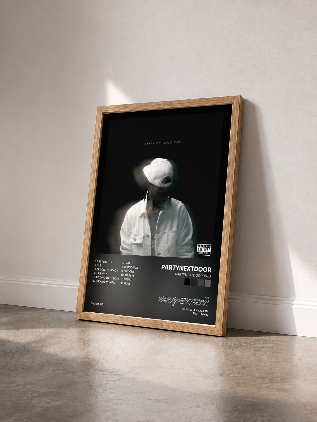 #bois Tableau de l'album PARTYNEXTDOOR TWO de PARTYNEXTDOOR vu de trois quarts, cadre en bois brut