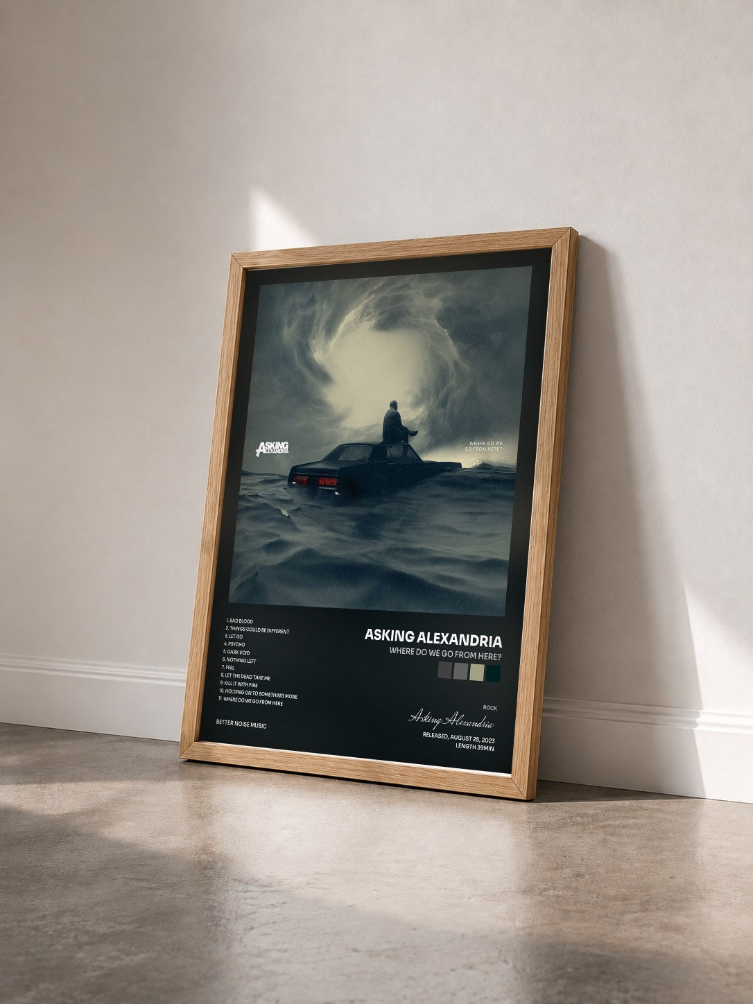 #bois Tableau de l'album Where Do We Go From Here? de Asking Alexandria vu de trois quarts, cadre en bois brut