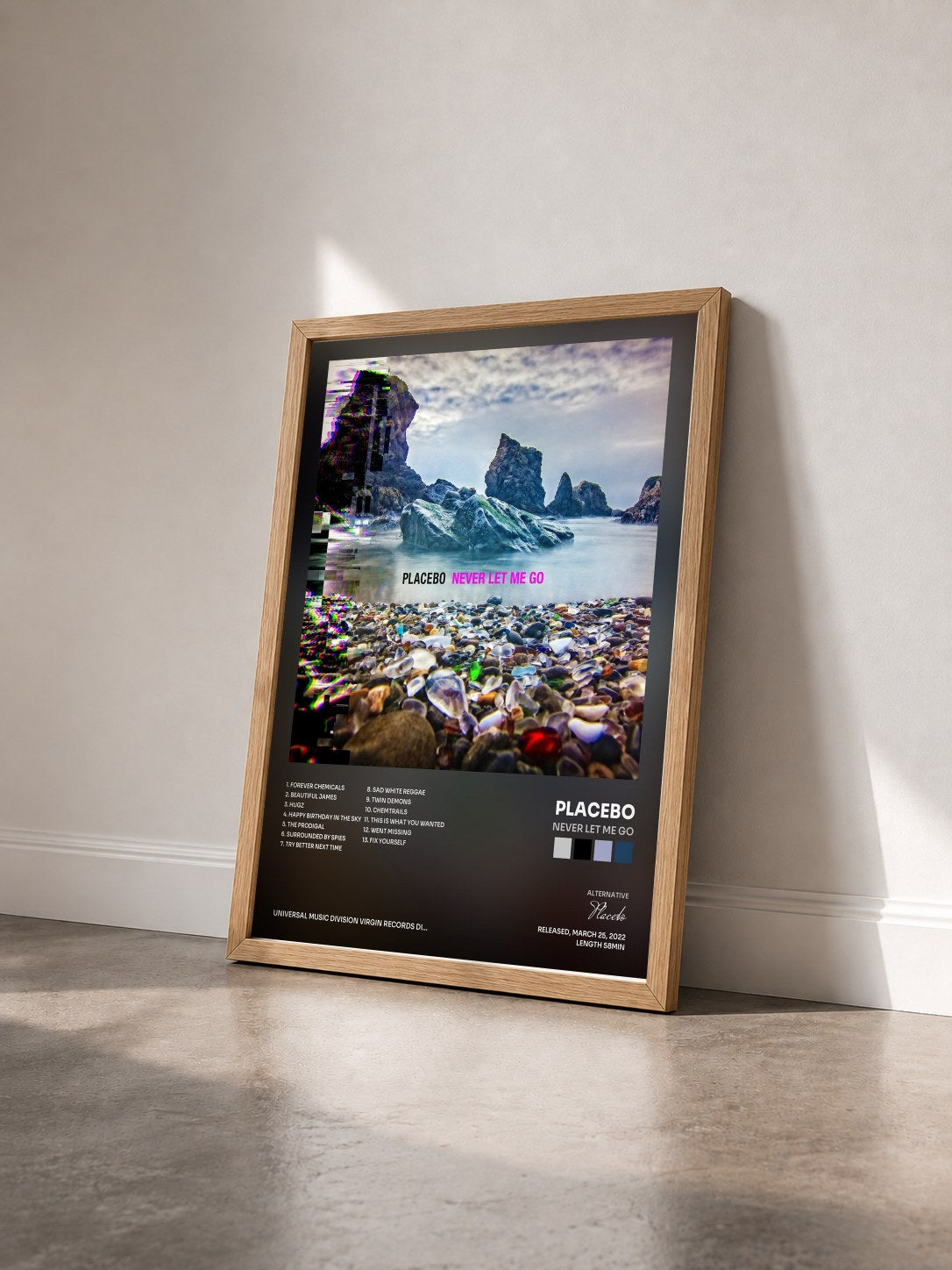 #bois Tableau de l'album Never Let Me Go de Placebo vu de trois quarts, cadre en bois brut