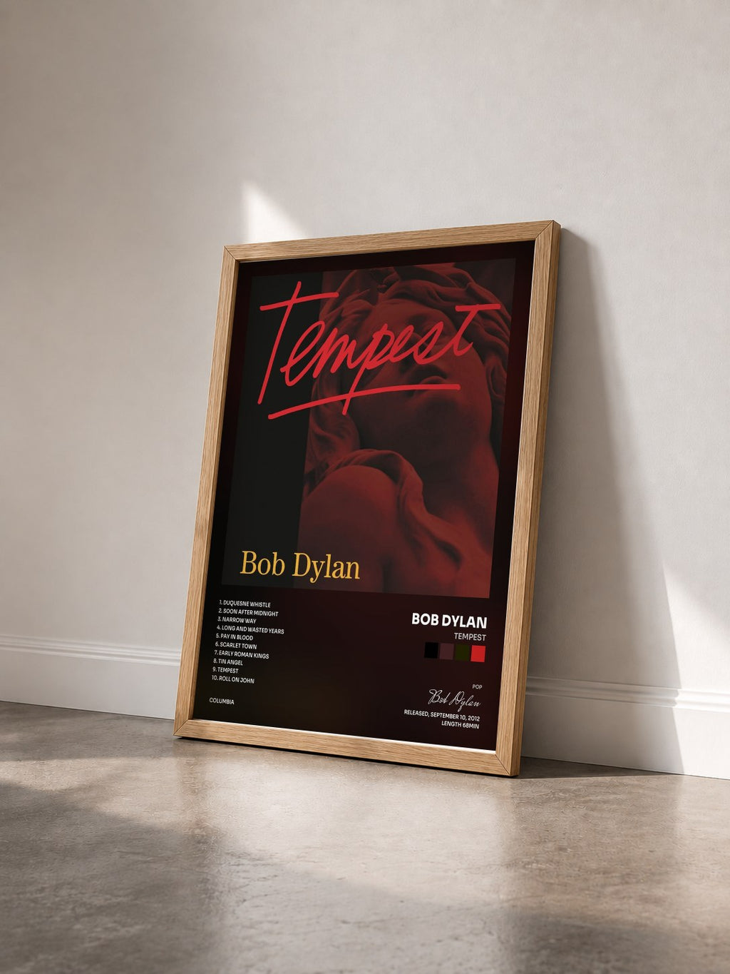 #bois Tableau de l'album Tempest de Bob Dylan vu de trois quarts, cadre en bois brut