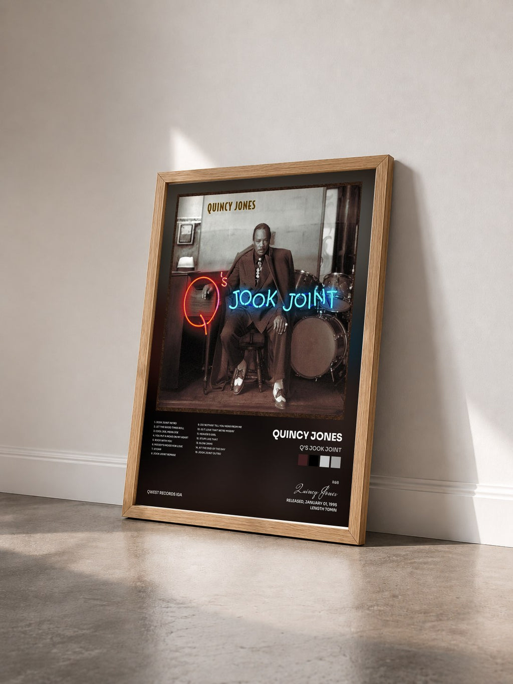 #bois Tableau de l'album Q's Jook Joint de Quincy Jones vu de trois quarts, cadre en bois brut