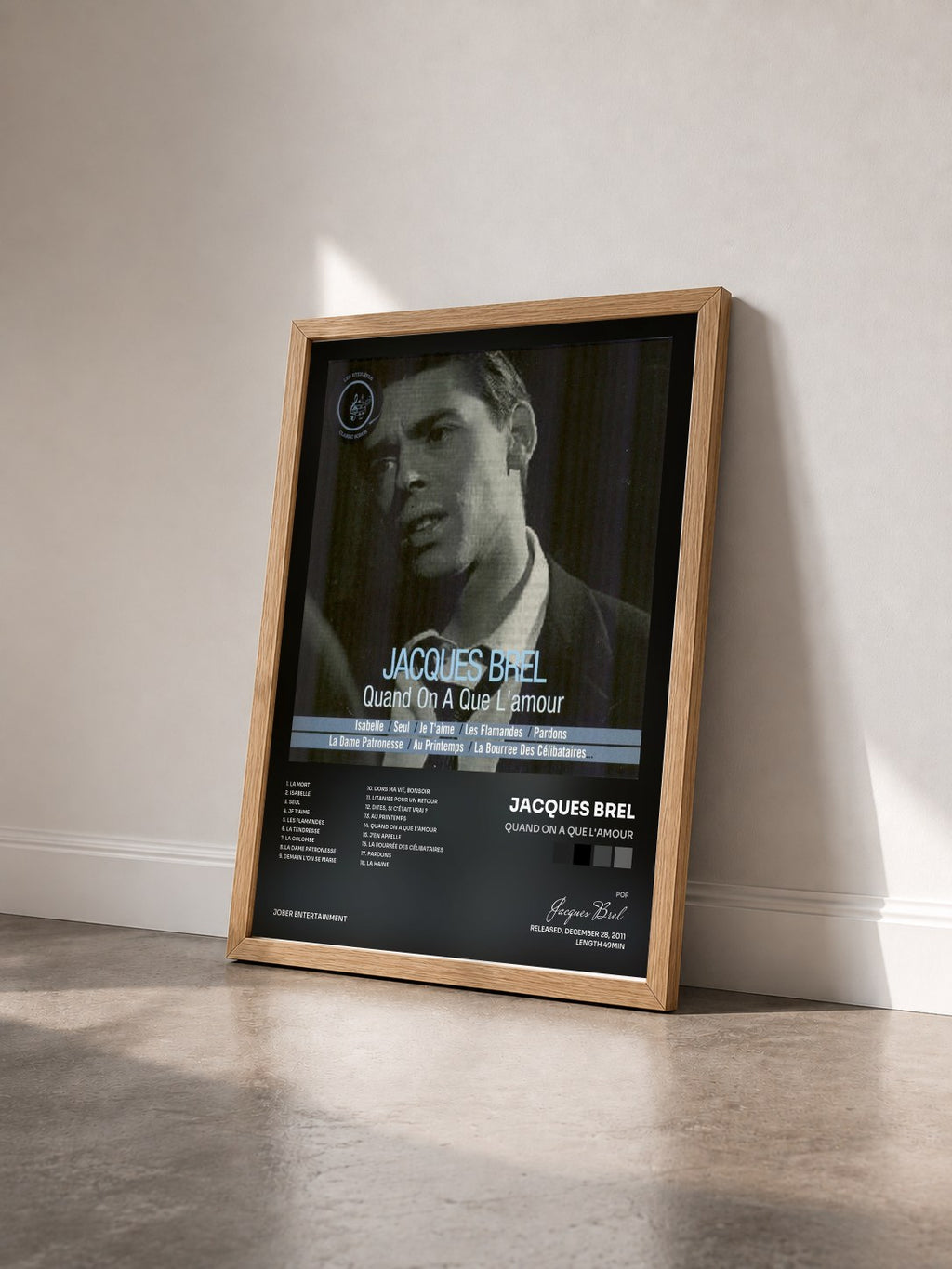 #bois Tableau de l'album Quand on a que l'amour de Jacques Brel vu de trois quarts, cadre en bois brut