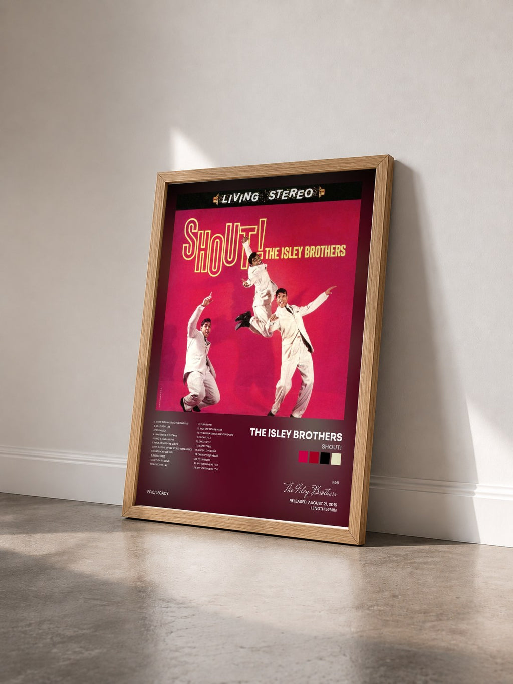 #bois Tableau de l'album Shout! de The Isley Brothers vu de trois quarts, cadre en bois brut
