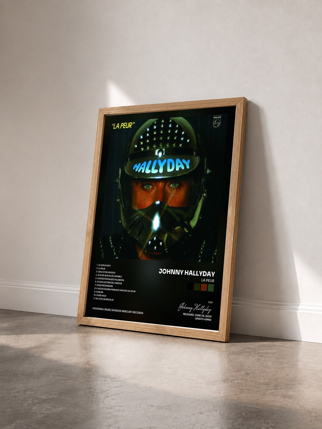 #bois Tableau de l'album La peur de Johnny Hallyday vu de trois quarts, cadre en bois brut