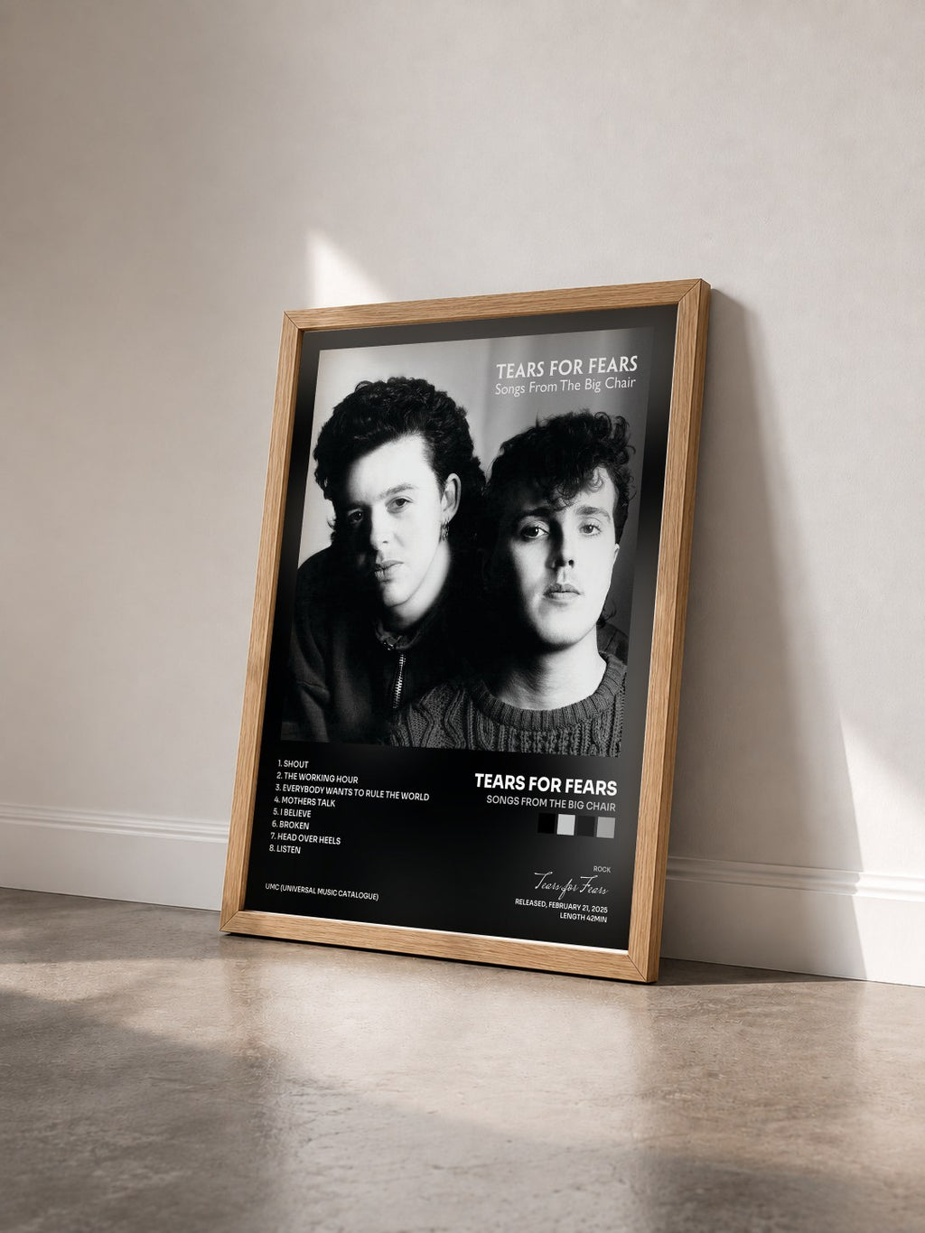#bois Tableau de l'album Songs From The Big Chair de Tears for Fears vu de trois quarts, cadre en bois brut