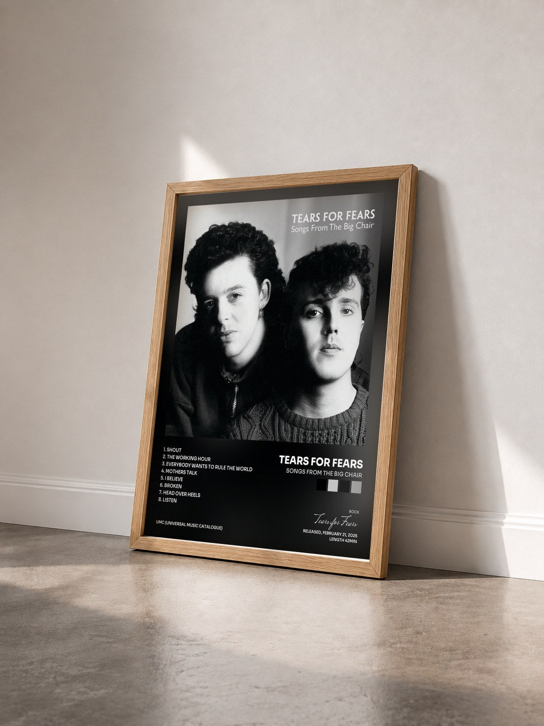 #bois Tableau de l'album Songs From The Big Chair de Tears for Fears vu de trois quarts, cadre en bois brut