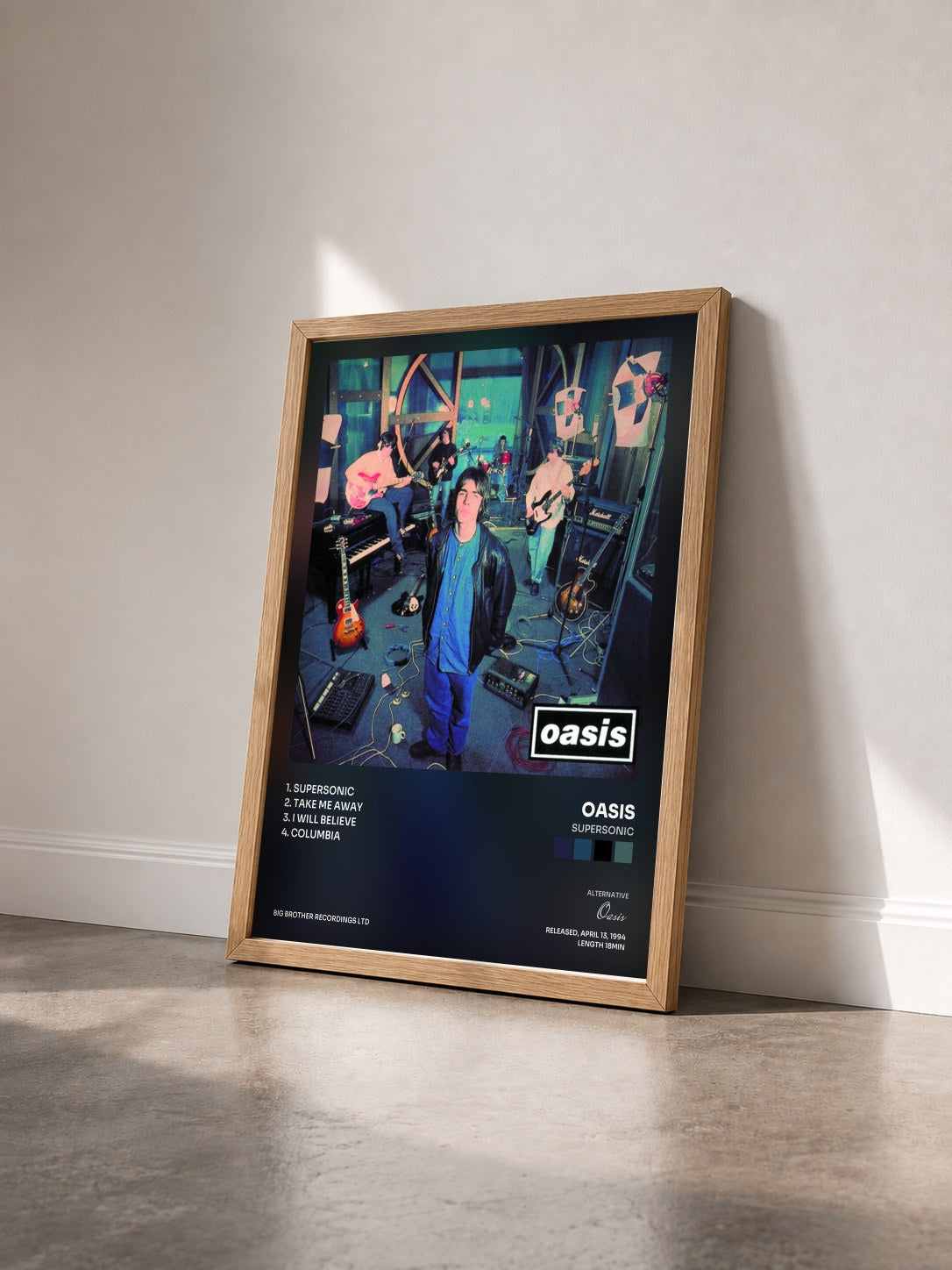 #bois Tableau de l'album Supersonic de Oasis vu de trois quarts, cadre en bois brut