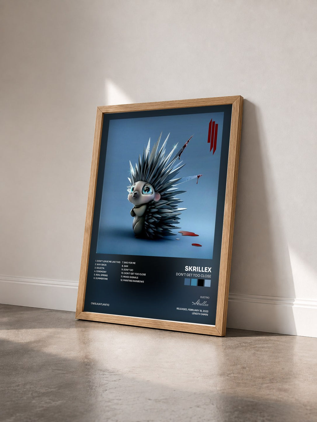 #bois Tableau de l'album Don’t Get Too Close de Skrillex vu de trois quarts, cadre en bois brut