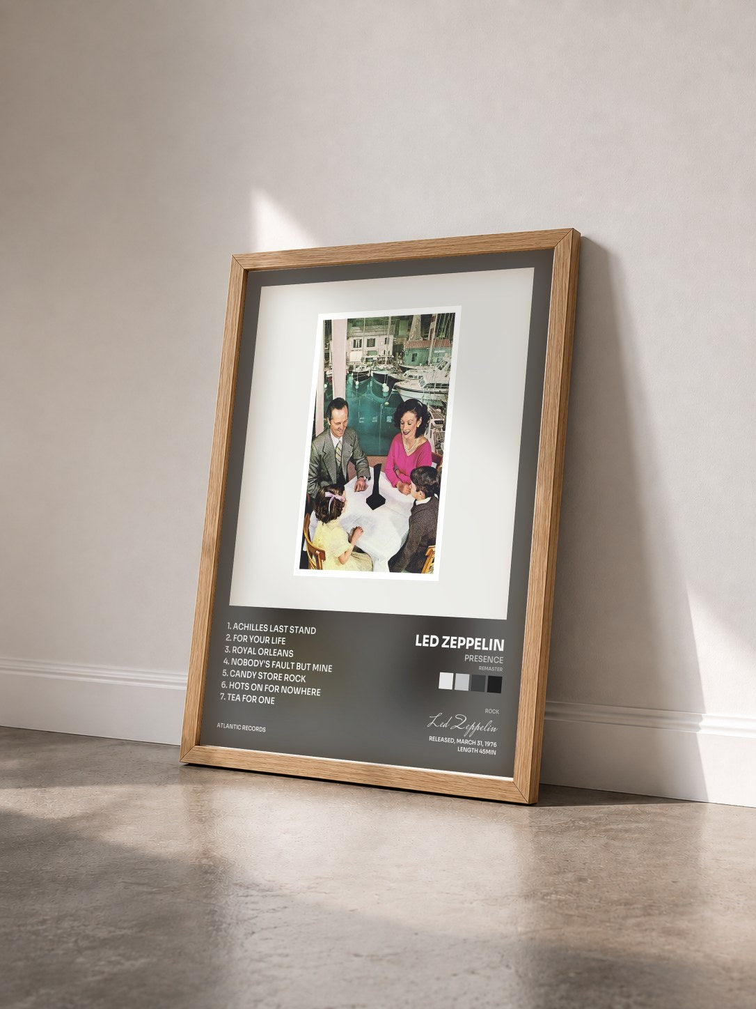 #bois Tableau de l'album Presence (Remaster) de Led Zeppelin vu de trois quarts, cadre en bois brut