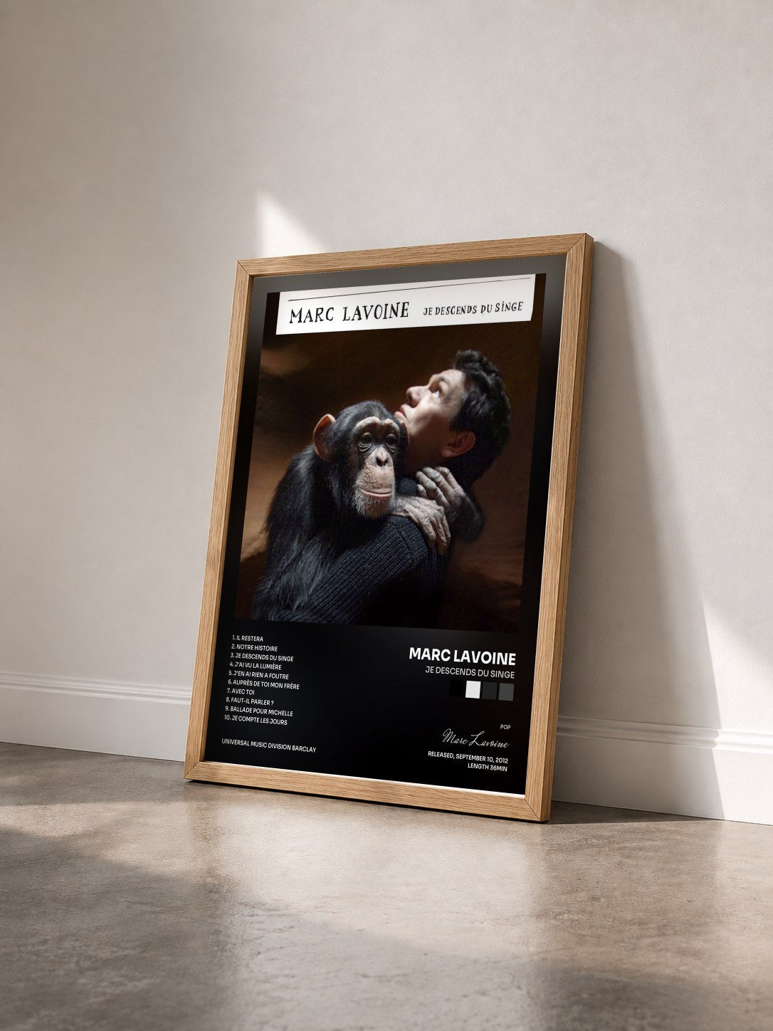 #bois Tableau de l'album Je Descends Du Singe de Marc Lavoine vu de trois quarts, cadre en bois brut