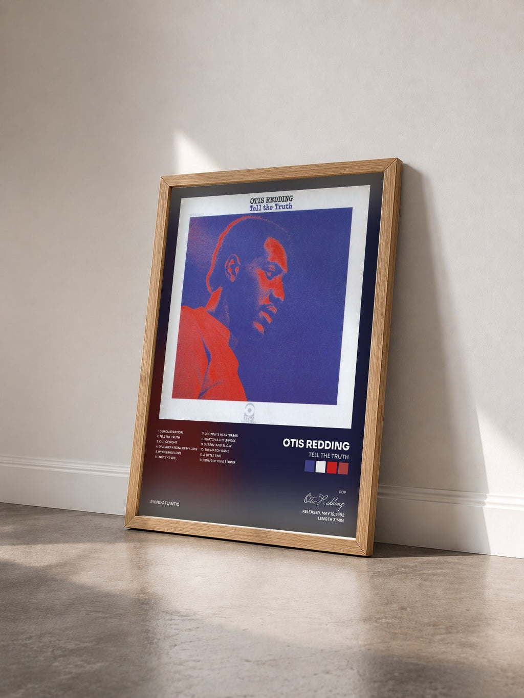 #bois Tableau de l'album Tell the Truth de Otis Redding vu de trois quarts, cadre en bois brut