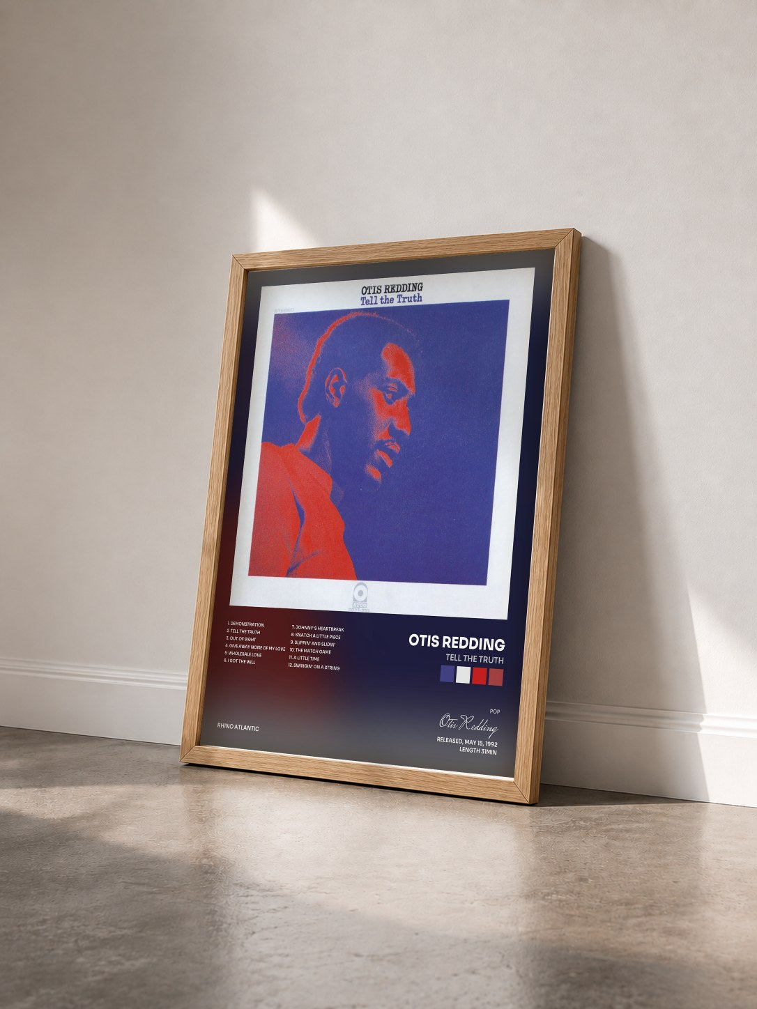#bois Tableau de l'album Tell the Truth de Otis Redding vu de trois quarts, cadre en bois brut