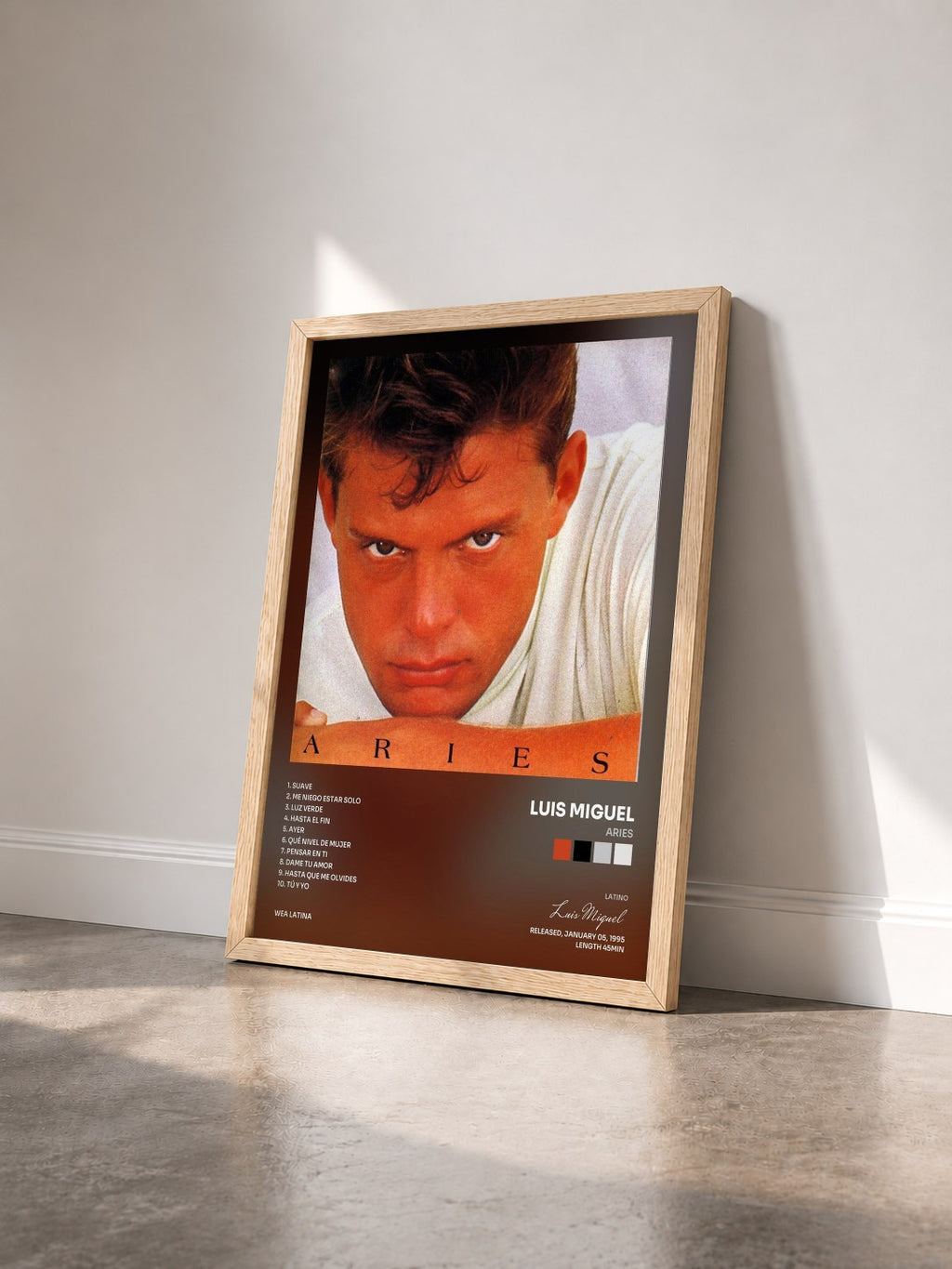 #bois Tableau de l'album Aries de Luis Miguel vu de trois quarts, cadre en bois brut