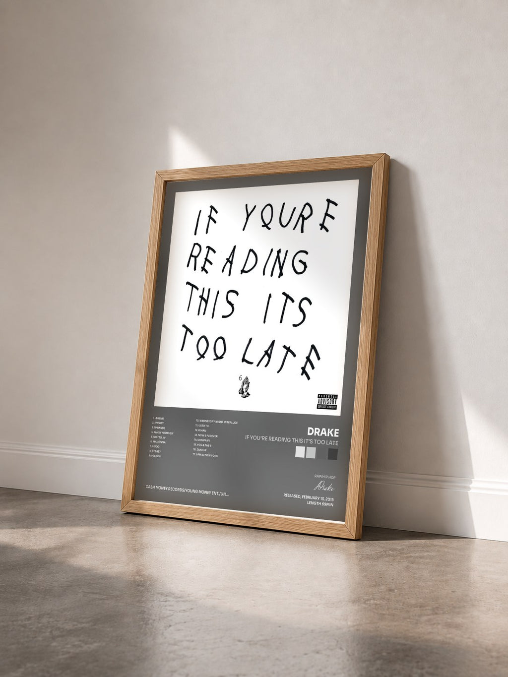 #bois Tableau de l'album If You're Reading This It's Too Late de Drake vu de trois quarts, cadre en bois brut