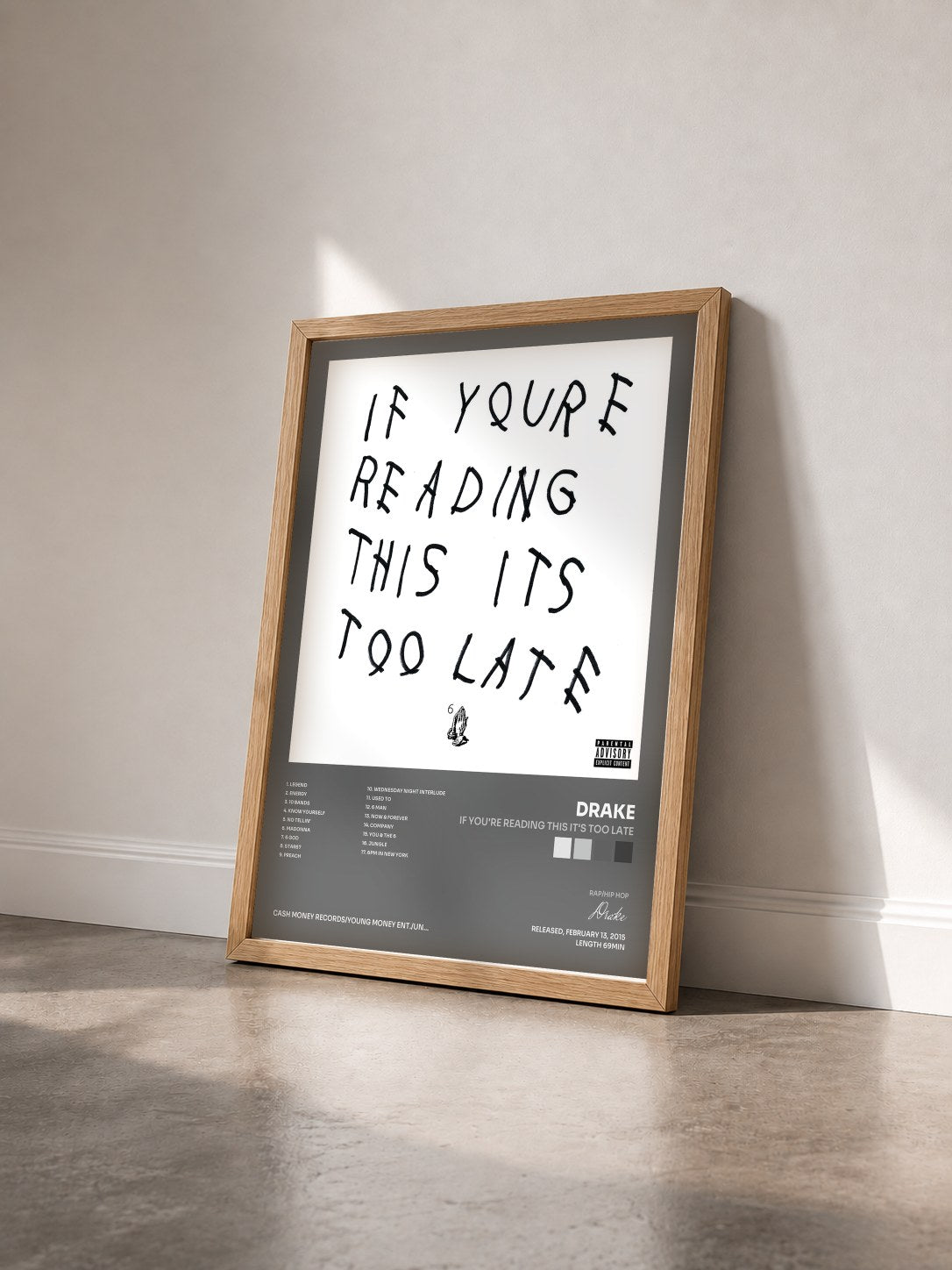 #bois Tableau de l'album If You're Reading This It's Too Late de Drake vu de trois quarts, cadre en bois brut
