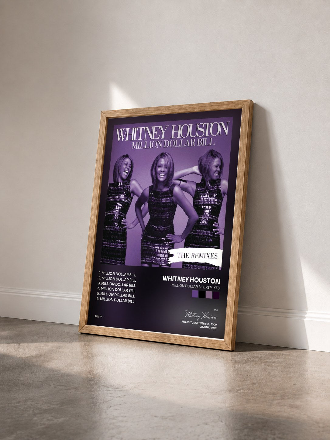 #bois Tableau de l'album Million Dollar Bill Remixes de Whitney Houston vu de trois quarts, cadre en bois brut