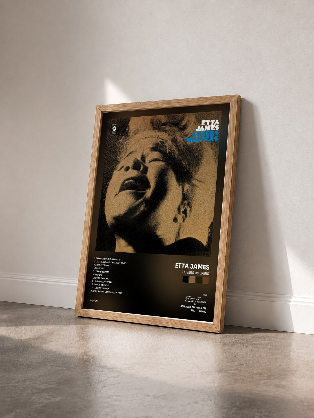 #bois Tableau de l'album Losers Weepers de Etta James vu de trois quarts, cadre en bois brut
