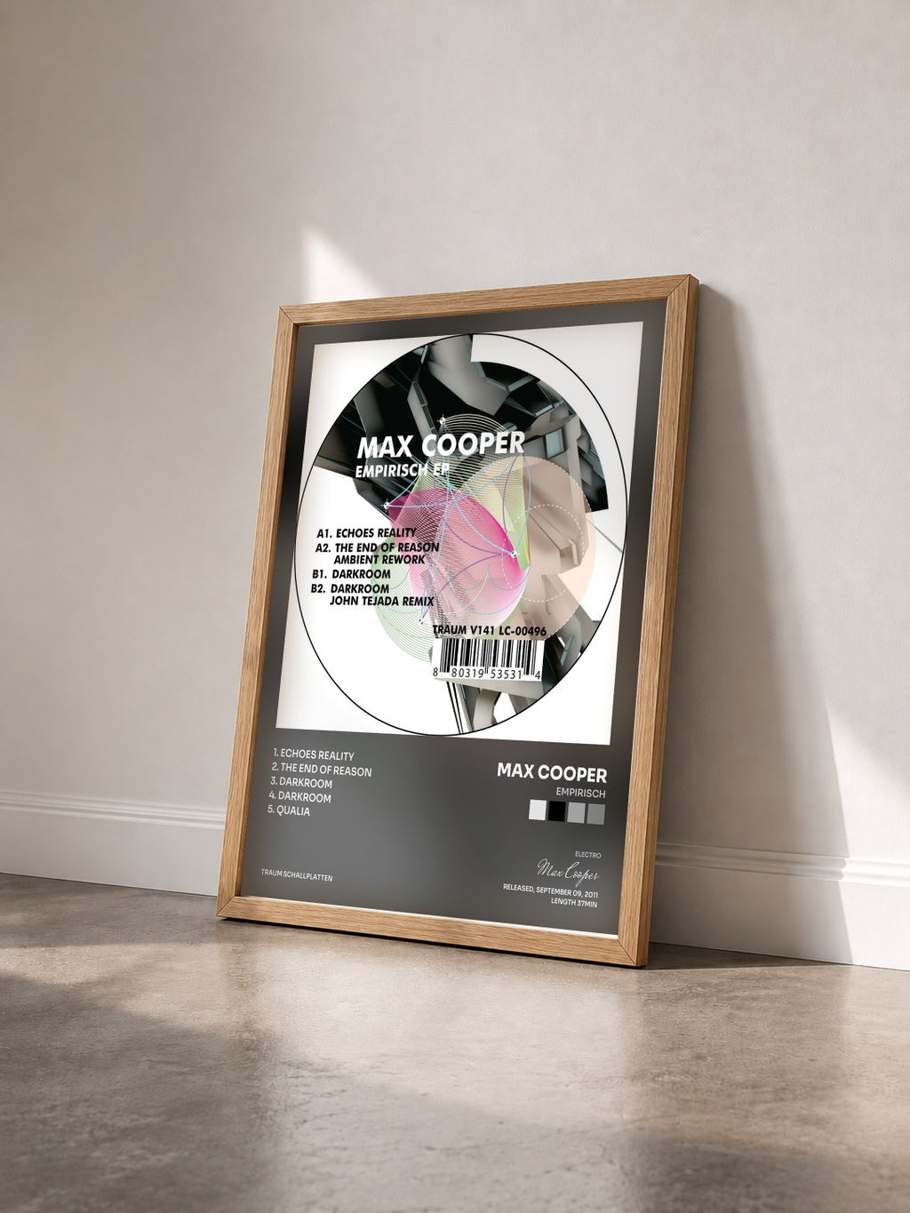 #bois Tableau de l'album Empirisch de Max Cooper vu de trois quarts, cadre en bois brut