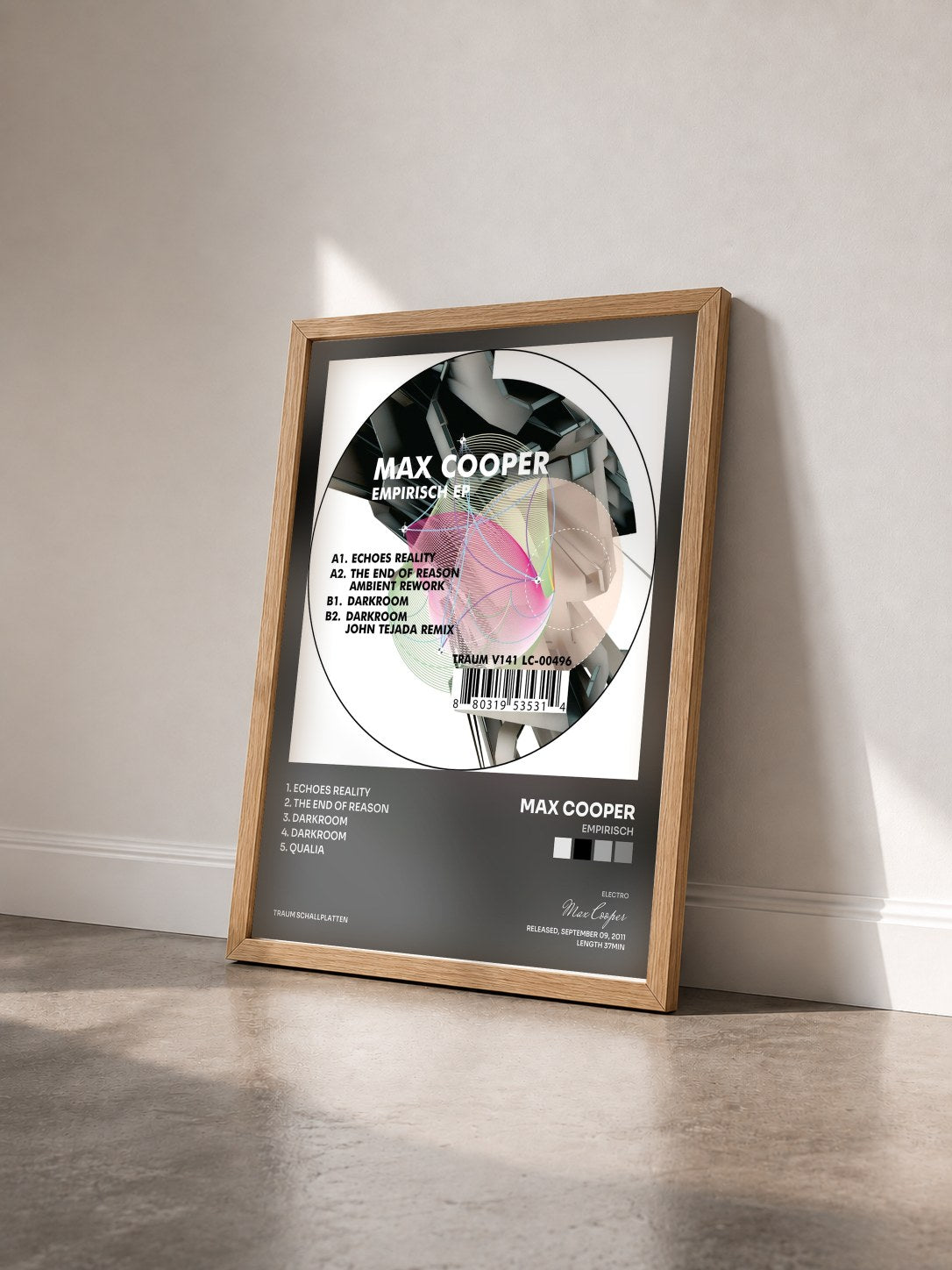 #bois Tableau de l'album Empirisch de Max Cooper vu de trois quarts, cadre en bois brut
