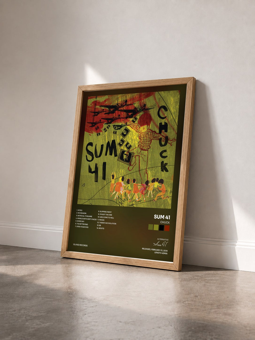 #bois Tableau de l'album Chuck de Sum 41 vu de trois quarts, cadre en bois brut