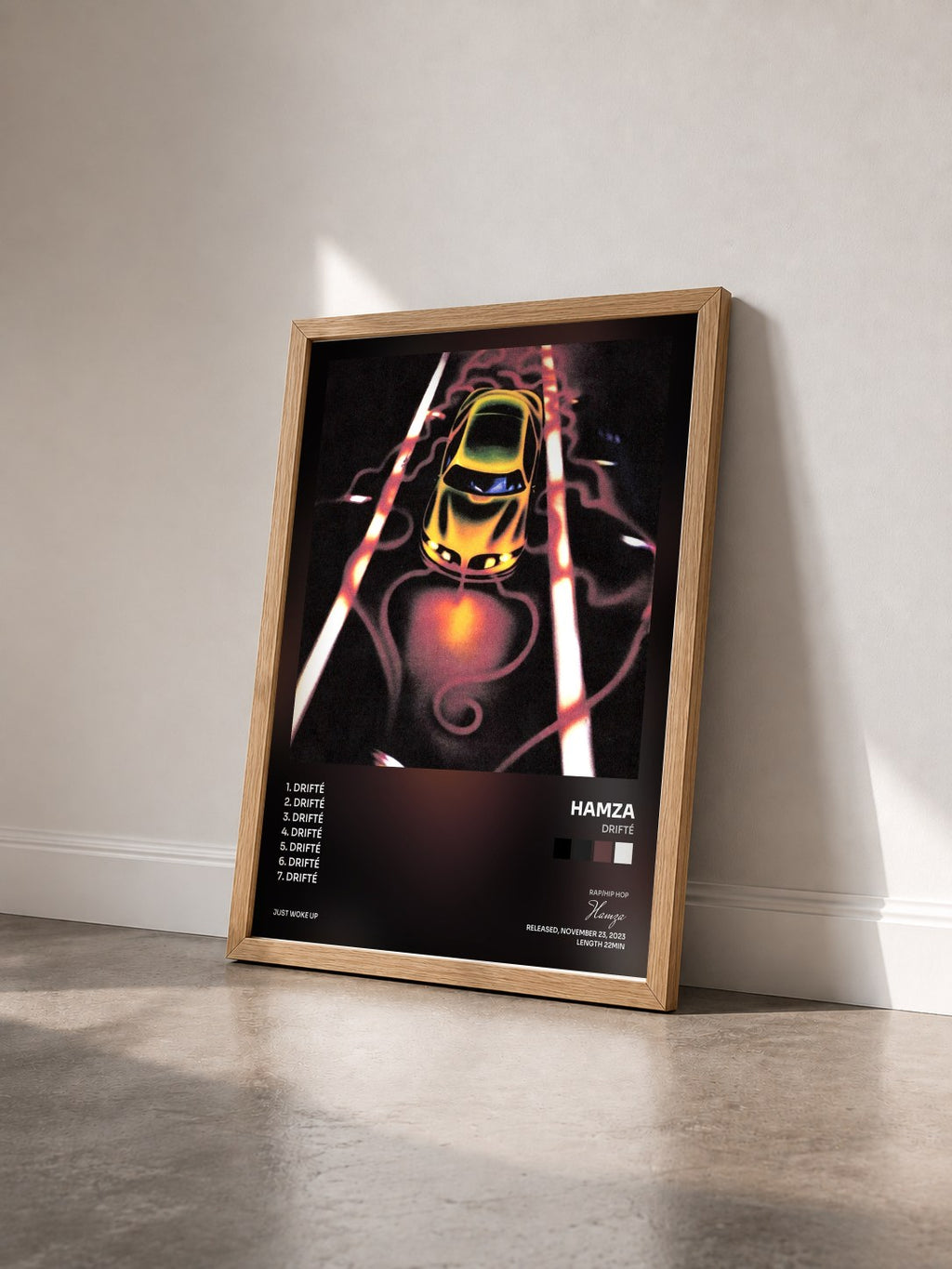 #bois Tableau de l'album Drifté de Hamza vu de trois quarts, cadre en bois brut