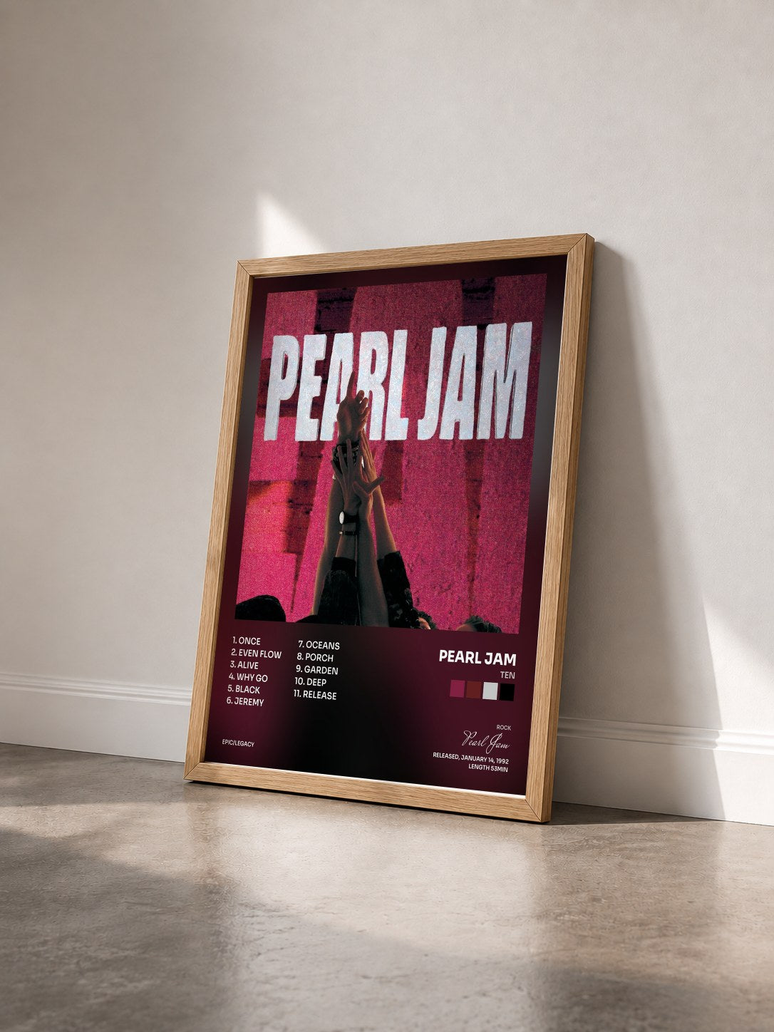 #bois Tableau de l'album Ten de Pearl Jam vu de trois quarts, cadre en bois brut