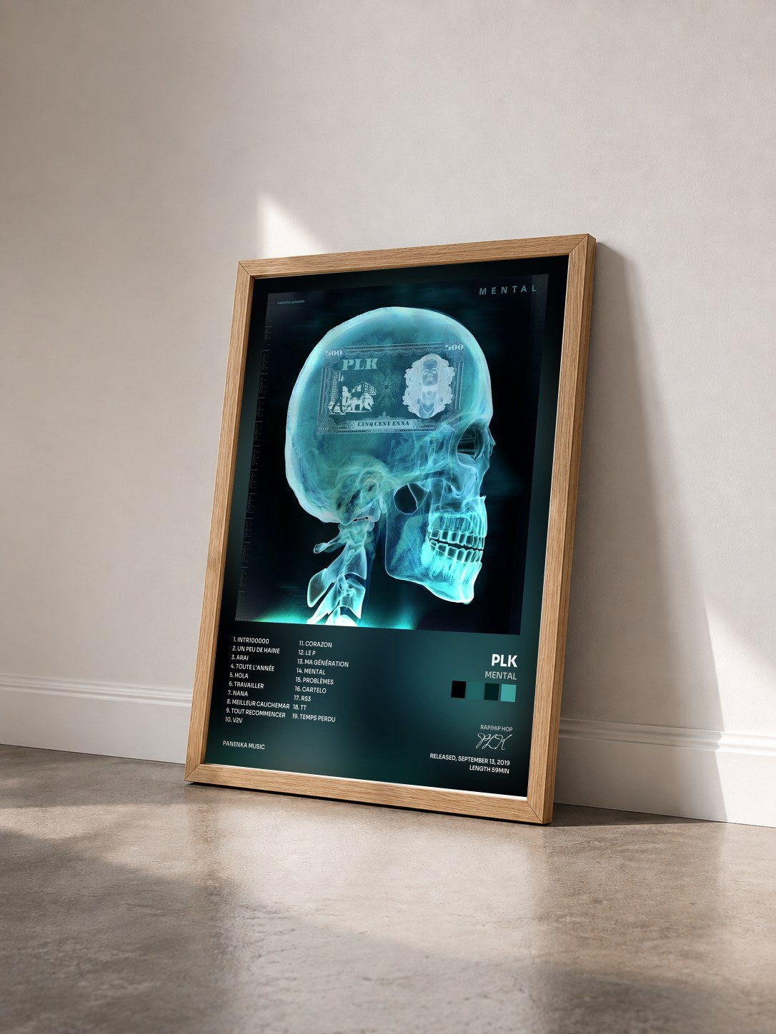 #bois Tableau de l'album Mental de PLK vu de trois quarts, cadre en bois brut
