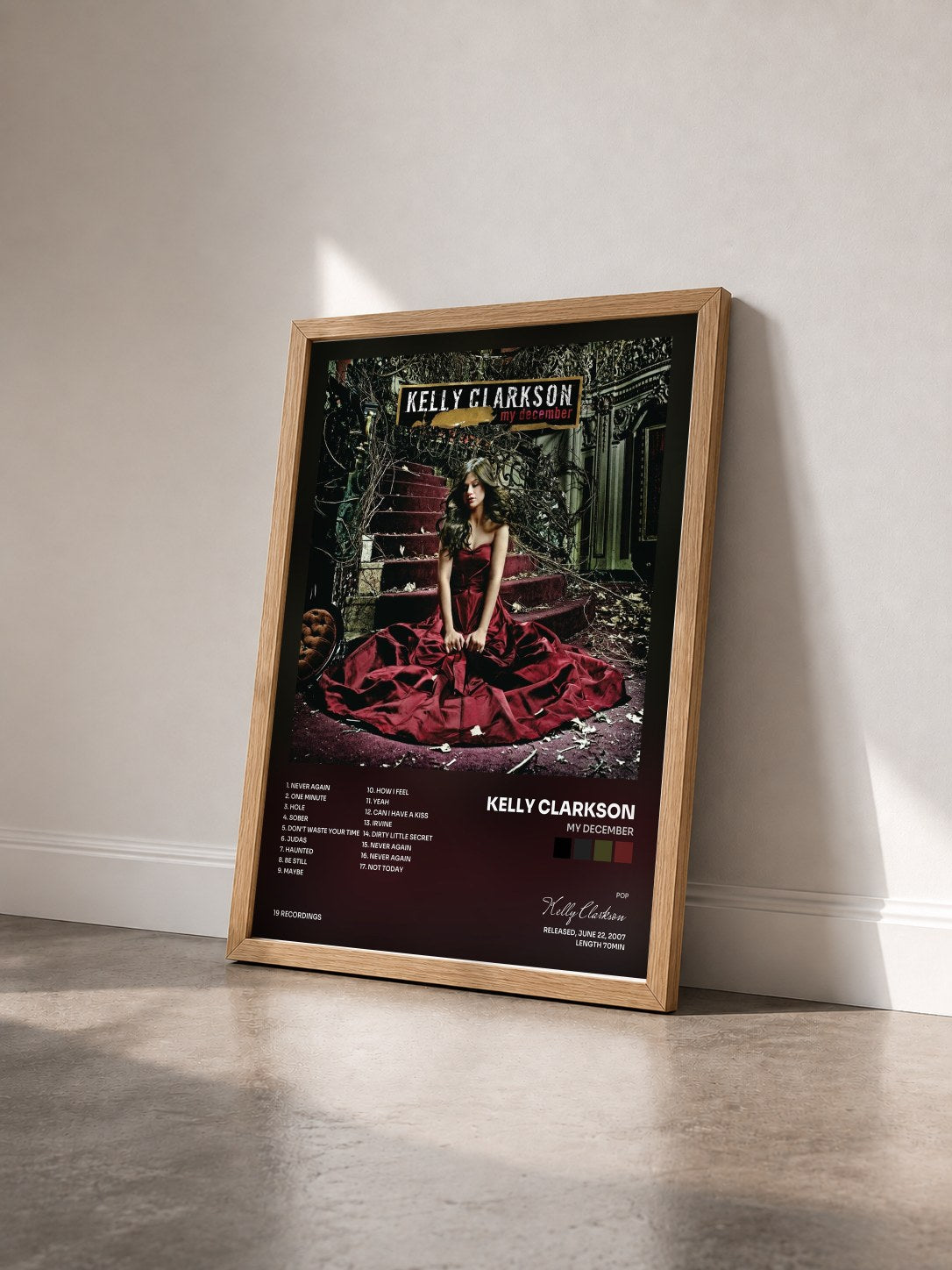 #bois Tableau de l'album My December de Kelly Clarkson vu de trois quarts, cadre en bois brut