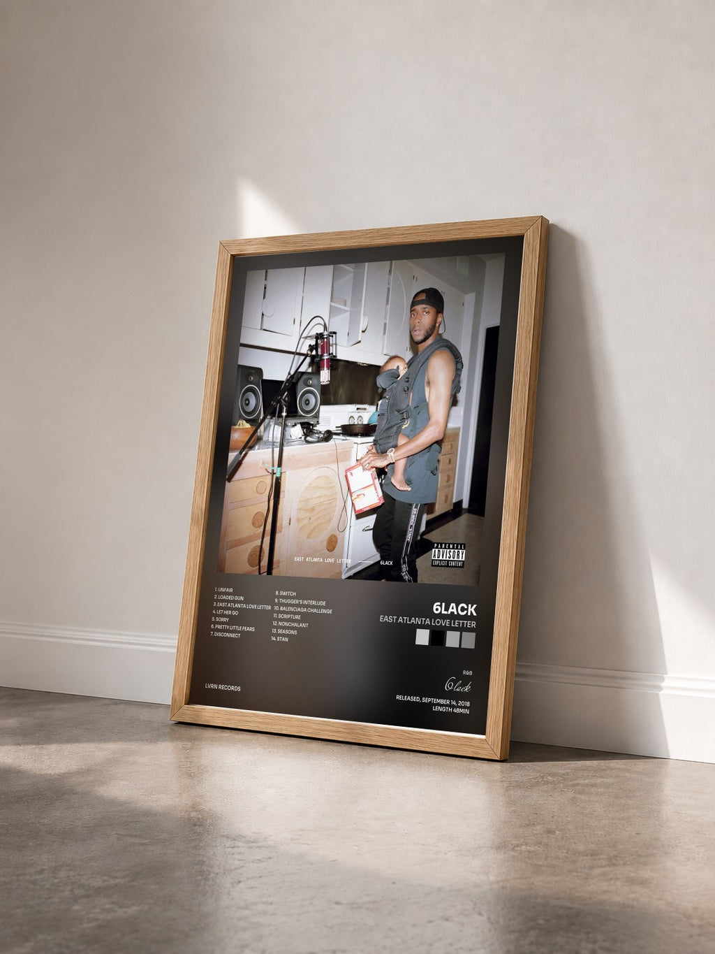#bois Tableau de l'album East Atlanta Love Letter de 6lack vu de trois quarts, cadre en bois brut