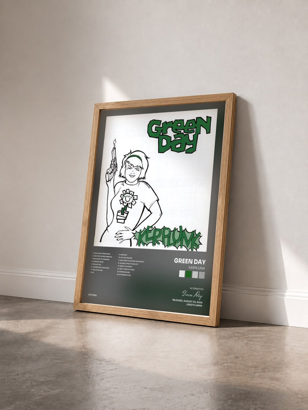 #bois Tableau de l'album Kerplunk de Green Day vu de trois quarts, cadre en bois brut