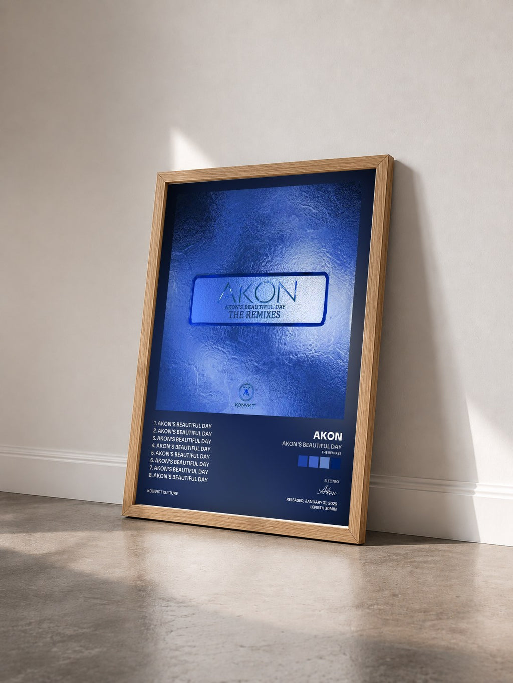 #bois Tableau de l'album Akon's Beautiful Day (The Remixes) de Akon vu de trois quarts, cadre en bois brut