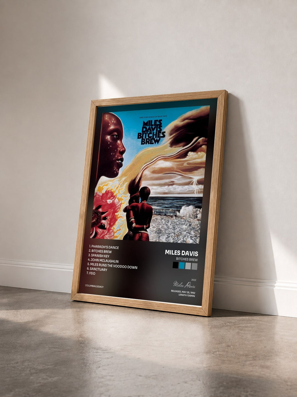 #bois Tableau de l'album Bitches Brew de Miles Davis vu de trois quarts, cadre en bois brut