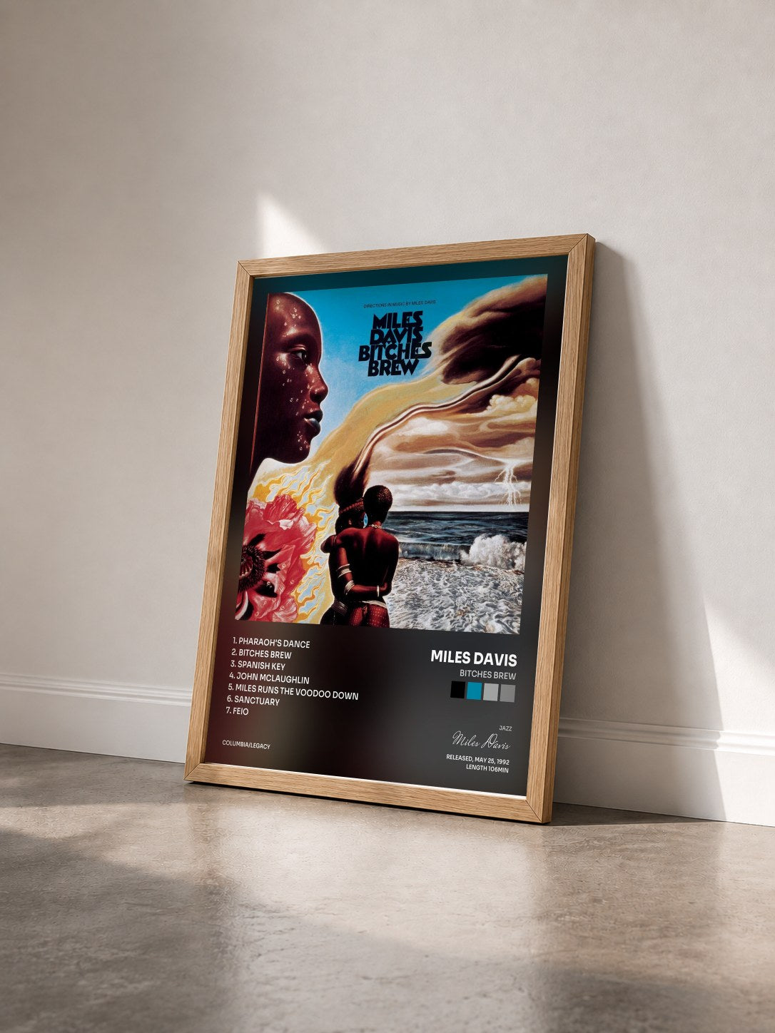 #bois Tableau de l'album Bitches Brew de Miles Davis vu de trois quarts, cadre en bois brut
