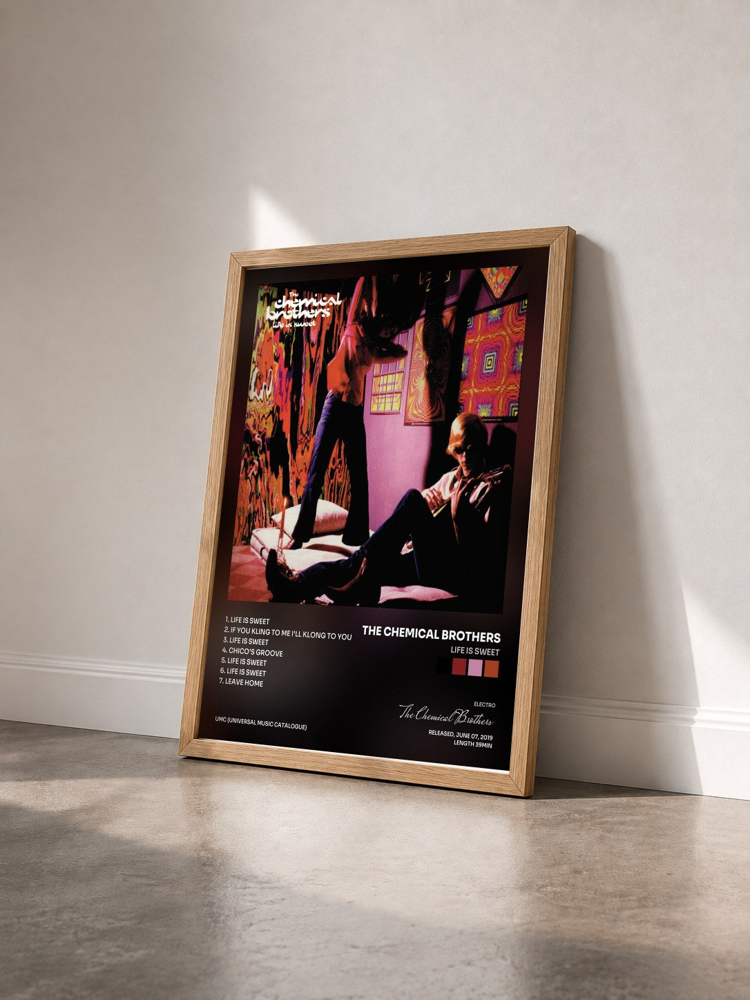 #bois Tableau de l'album Life Is Sweet de The Chemical Brothers vu de trois quarts, cadre en bois brut