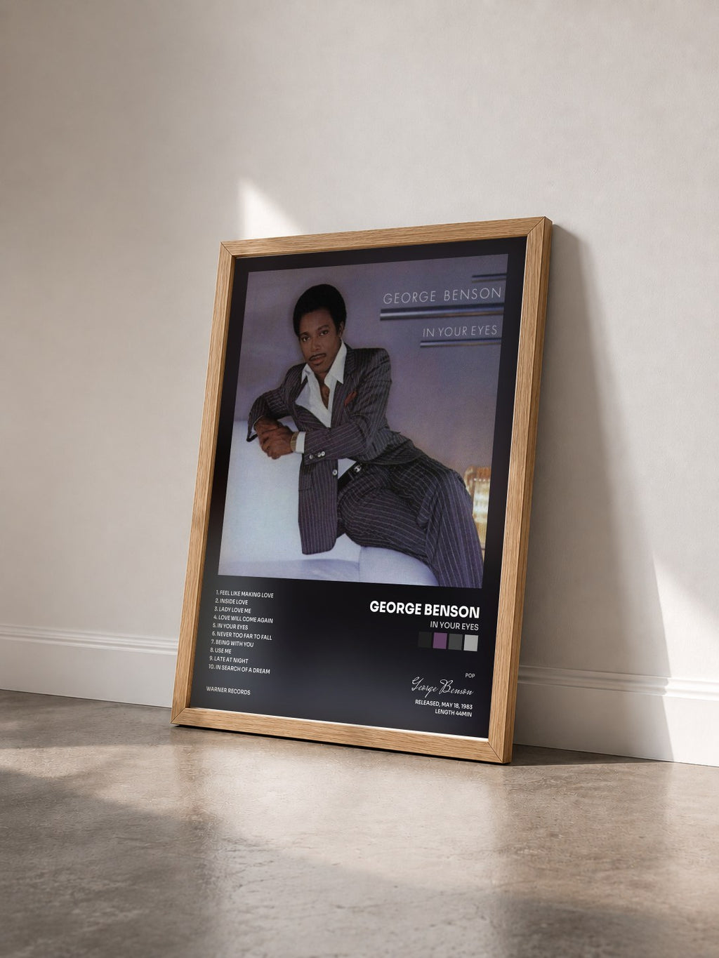 #bois Tableau de l'album In Your Eyes de George Benson vu de trois quarts, cadre en bois brut